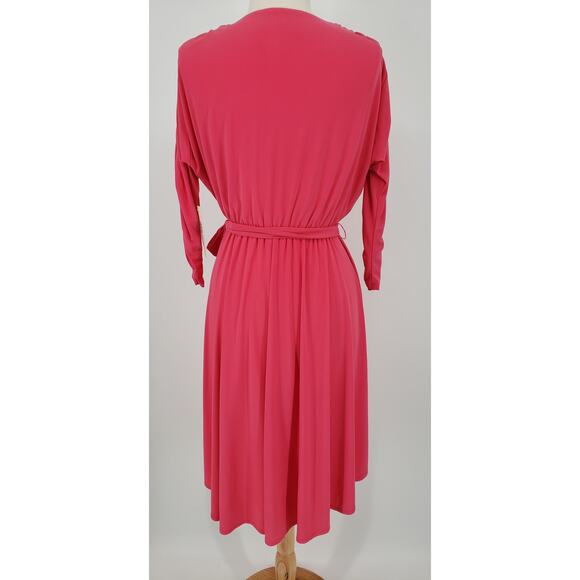 Eliza J Faux Wrap Cocktail Dress 10 Jersey Knit Belted V Neck High Low Hem Pink - Picture 3 of 13